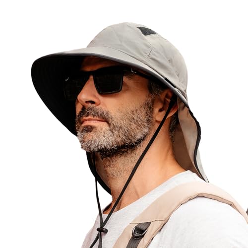 TOP-EX XL/XXL Unisex Sonnenhut Herren Breite Krempe Sonnenschutzhut mit Nackenschutz Sonnenbrillenhalter Outdoor Safari Sommerhut Wasserdicht & Faltbar Hellgrau L/XL
