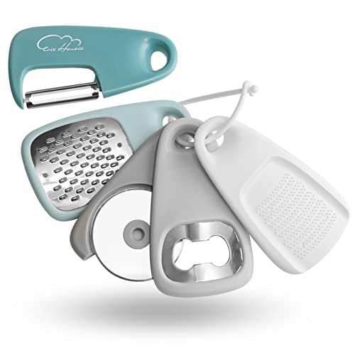 Küchenhelfer Set Edelstahl 5-teilig Küchenutensilien, Käsereibe, Flaschenöffner, Obst-/Gemüseschäler, Pizzaschneider, Knoblauch-/Ingwermühle, Camping Zubehör, Spülmaschinenfest (blau)