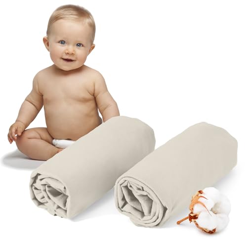 Dreamzie - 2er-Set Spannbettlaken 40x90 cm - Oeko-Tex Zertifiziert, 100% Baumwolle, atmungsaktives Spannbetttuch Jersey Baby, 150 g/m² - Beige