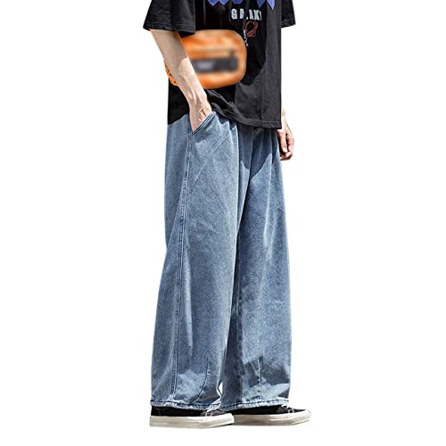 Herren Baggy Lässig Jeans Streetware Männer Europäischer Amerikanischer Stil Jeanshose Vier Jahreszeiten Outdoor Modische Weitem Bein Jeanshosen Mid Taille Stretch Lockere Freizeithose (Blue, M)