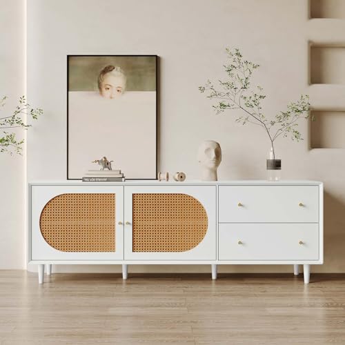 KOMHTOM Weißer Rattan TV Schrank, Kommode Sideboard mit Zwei Türen und Zwei Schubladen, Mehrzweckschrank für Wohnzimmer Schlafzimmer (D)