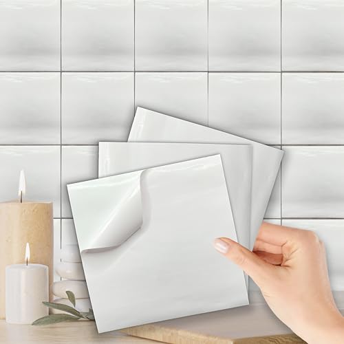WALPLUS Weiße Küchenfliesen Selbstklebend 15x15cm Fliesensticker Abnehmbare Klebefliesen Wand Starke Haftung Selbstklebende Küchenspritzwand Klebefliesen Bad Wand Aufkleber 24 Stück