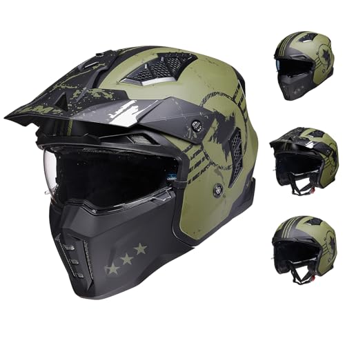 ILM Helm Motorrad Motocross Herren Damen Vintage Retro mit Visier ECE Model Z302,Armee Grün, L