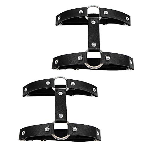 Jurxy Leder Strumpfband 2 PCS Oberschenkel Ring Harness Suspender Gothic Gummi Nieten Strapsbänder Verstellbare - Schwarz Doppelt Reihe