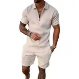 amropi Herren Sportanzug Sommer Trainingsanzug Kurzarm Reißverschluss Top und Shorts Kleidung Set Khaki, M