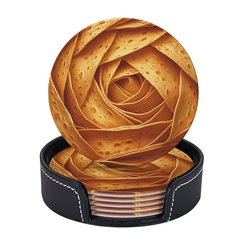 Lederuntersetzer-Set mit 6 Stück und Halter, runde Untersetzer für Getränke, Tischuntersetzer mit Tortilla-Burrito-Textur, Getränkeuntersetzer für Couchtisch, hitzebeständiger Bar-Getränkeuntersetzer,
