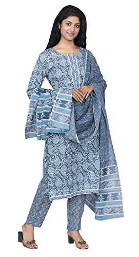 IMTRA FASHION Damen Reine Baumwolle Bedruckte Gerade Tunika Kurta Hose & Dupatta Set (Blau-4-X-Groß)