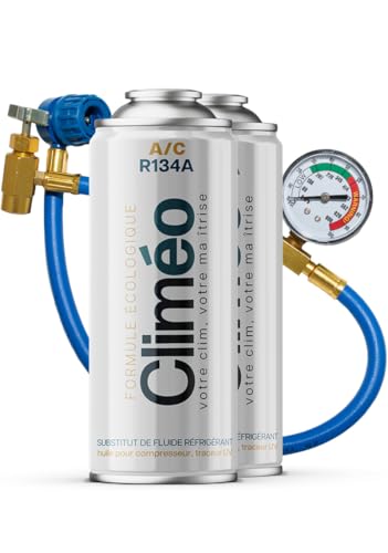 Climéo 2x400ml und Schlauch mit Manometer Ökologischer Ersatz für das Kältemittel R134a/R12 Selbstständiges Befüllen der Klimaanlage