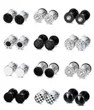 JeweBella 12 Paar Fake Plugs Ohrringe Herren Männer Edelstahl Silber Schwarz Ohrstecker Set Fake Tunnel Ohrringe Set Runde Schraube Barbell Ohrstöpsel Faux Gauges Ohrringe für Herren Damen 8MM