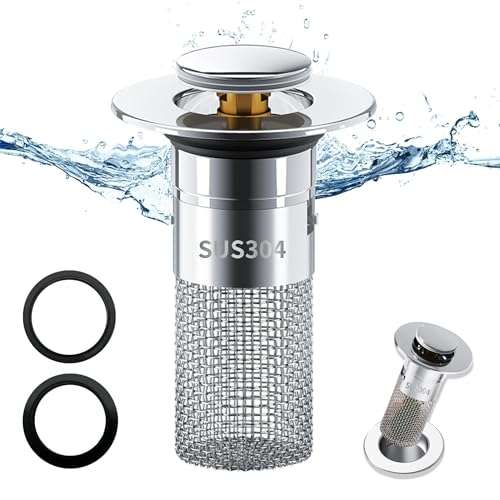 304 Edelstahl Pop Up Abflusssieb, Upgraded Bathroom Sink Plug, Metal Drain Plug Universelle, Waschbeckenstöpsel, Mit Filtersieb/Dichtungen, Abflussstopfen für Bad, Waschbecken und Küche (34-40mm).
