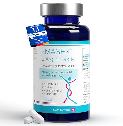 EMASEX® L-Arginin. 90 Kapseln hochdosiert für Männer. Booster für Testosteron & Potenz nach Schweizer Formel. Vegan, mit Folsäure, Vitamin B6 & B12. Für Vitalität, Blutdruck & Durchblutung
