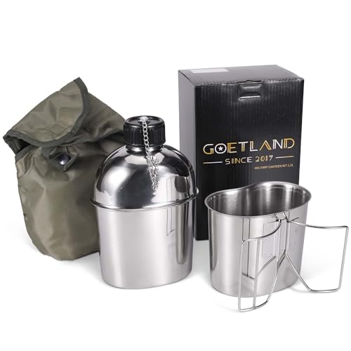 Goetland Edelstahl US Militär Feldflasche Set 1,2l mit 0,6l Becher Nylon Beutel Wasserflasche Kochtopf Campingbecher
