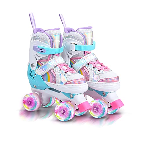 OLYSPM Rollschuhe Kinder Rollschuhe Verstellbar Rollschuhe Damen,LED Rollschuhe und 4 Größen verstellbar,Rollschuhe mit Aufbewahrungstasche für Mädchen,Jungen und Anfänger(Rosa)