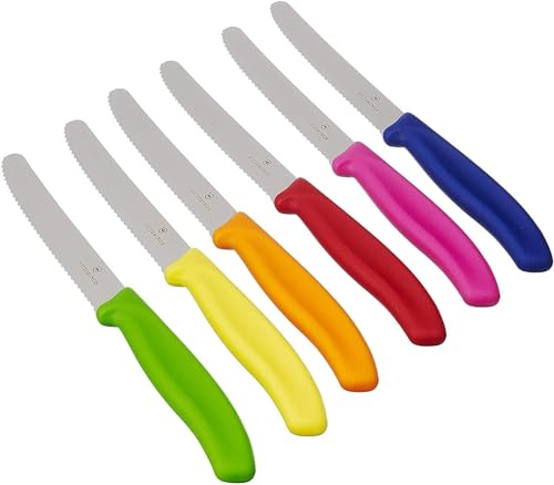 Victorinox 6 Stück Tafelmesser - Küchenmesser - Brötchenmesser Swiss Classic mit Wellenschliff - Swiss Made - MultiColor