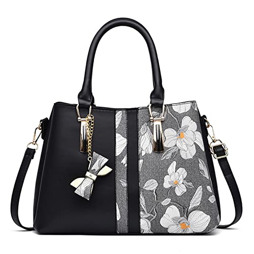 Bestickte Tasche Große Kapazität Handtasche Mode Umhängetasche Taschen Kette (Black, One Size)