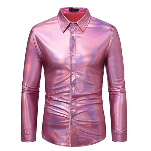 Duohropke Pailletten Hemd Herren Glitzer,Hemd Herren Langarm,Freizeithemden für Herren Hemden Karneval Kostüm Slim Fit Herrenhemd 80er Jahre Outfit Glitzerhemd Vintage Freizeithemd