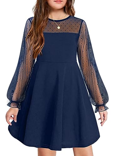 Arshiner Langarmkleid Mädchen Meshkleid A-Linie Elegant Casual Partykleid Prinzessin Kleid Herbst Winter Navyblau 120