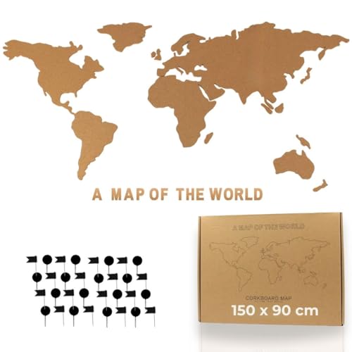 Tripvea - Weltkarte Kork zum Pinnen | Pinnwand Weltkarte – Kork Weltkarte mit 50 Pins für Fotos, Reisen & Erinnerungen, Geschenk für Reiseliebhaber (150x90)