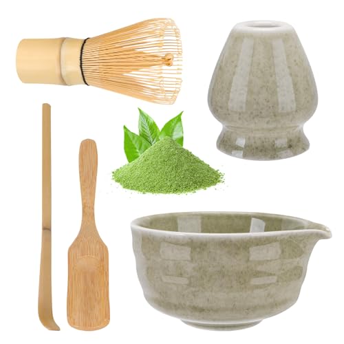 Matcha-Set, Japanisches Keramik-Teeservice, inkl. Matcha-Schale mit Ausgießer, Matcha-Schneebesenhalter, Bambus-Matcha-Schneebesen, 2 Bambus-Matcha-Löffel,Jadegrünes Matcha-Set für Matcha-Liebhaber