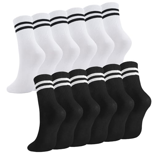 Utensilsto 6 Paare Sportsocken Herren Damen, 38-43 Tennissocken Lange Baumwollsocken Weiß Schwarz Laufsocken Freizeitsocken Streifen Sport Socken für Herren Damen