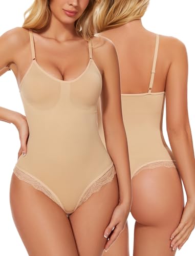 SURE YOU LIKE Shapewear Damen Bodysuit Figurformender Bauchweg Stark Formend Body Shaper Bodysuit Spitzen Shapewear String Bodysuit Miederbody Tanga Unterwäsche, Beige, M