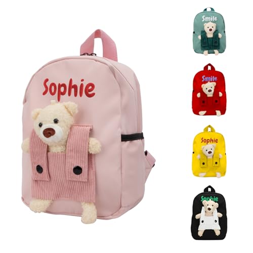 Personalisierte Kinder Rucksack, Gestickt Rucksack Kleinkind Mit Namen, Kindergartenrucksack Mädchen Und Jungen Rucksack Kita Mit Herausnehmbarer Bärenpuppe Für Kindergarten Und Grundschule (Rosa)