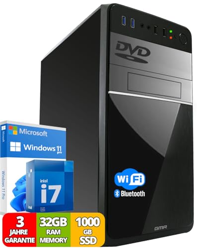 Intel i7 - Business Office Multimedia Computer mit 3 Jahre Garantie! | 32 GB RAM | 1000GB SSD | USB 3.0 | Windows 11 Prof. 64-Bit | WiFi 600 und Bluetooth 5