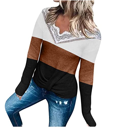 Rioge Damen Pullover V-Ausschnitt Geknotetes Oberteil Langarm Tshirt Frauen Freizeit Tunika Tops Elegant Lose Lässig Langarmshirt Winterpullover Mode Farbblock Strickpullover Bluse