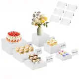 Novelfun 6 Stück Buffet Erhöhungen Acryl Buffet Riser with Mini Buffet Schilder Tabletop Display Verschiedene Größen Lebensmittel Präsentationsständer für Collectibles Schmuck Figuren