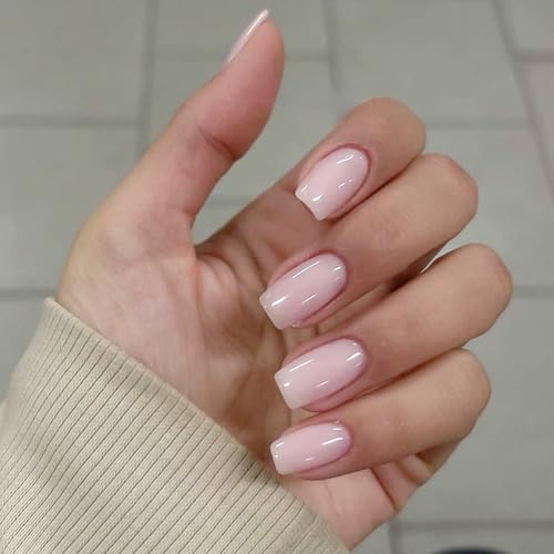 Virellay 24 Stück Künstliche Nägel Kurz, Einfarbig Square Nails zum Aufkleben mit Nagelkleber, Kunstnägel zum Aufkleben Kurz, Selbstklebende Fingernägel für Frauen (Nackt, 24 pcs)