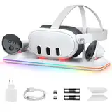 GEEKERA Ladestation für Meta Quest 3, Magnetischer Ladeständer für Oculus/Meta Quest 3 VR Headset & Controller, Schnellladestation mit 18W Adapter/RGB Licht/2 wiederaufladbaren Batterien