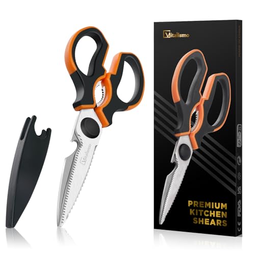 Vitalismo Küchenschere Allzweckschere Rostfreier Edelstahl Haushaltsschere 21cm Spülmaschinenfest Universalschere mit Klingenschutz Flaschenöffner Linkshänder Schere Küche für Fisch Geflügel Nüsse