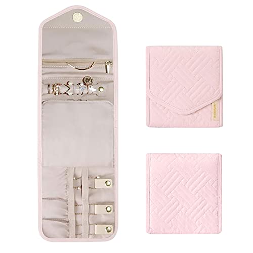 Reise-Schmuck-Organizer-Rolle, leicht und faltbar, Reise-Schmuckbeutel, Aufbewahrungsbox für Halsketten, Ohrringhalter, Urlaubszubehör, Geschenke für Reisende, Frauen (Pink)
