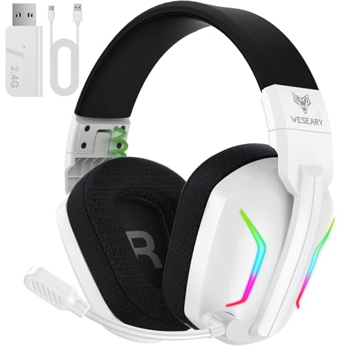 WESEARY WG1 Bluetooth Headset, 2,4G Gaming Headset Wireless mit Mikrofon für PS5, PS4, PC, Mac, Faltbarer Surround Sound Noise Cancelling Kopfhörer mit LED Licht, Über 50 Stunden Akkulaufzeit