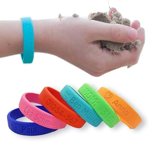 gutmarkiert – Personalisierbares SOS-Armband für Kinder aus Silikon, graviert mit Name & Telefonnummer – wasserdichtes Notfallarmband für Kinder, besonders langlebig – Farbe wählbar