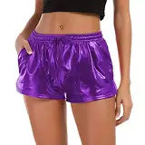 Generic Damen Reflektierende Shorts LäSsige Metallic-Clubwear-Shorts Mit Elastischem Kordelzug Yoga-Hot-Shorts Mit Taschen (XL,Violett)