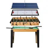 HOMCOM 107cm 4 in 1 Multigame Spieltisch Partyspiel inkl. Tischtennis Kickertisch Billardtisch Eishockeytisch ab 14 Jahren Stahl Natur+Schwarz