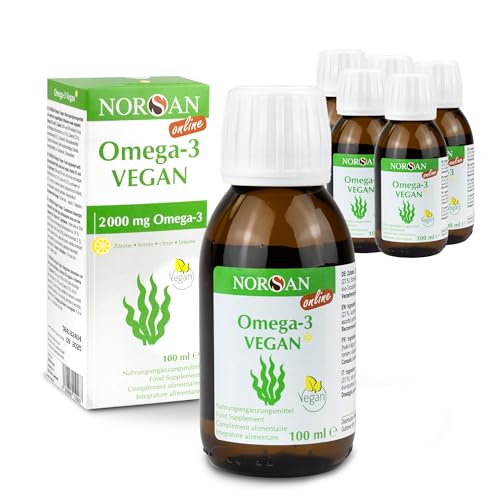 NORSAN Premium Omega 3 Vegan hochdosiert (6x 100ml) / 2000mg Omega-3 Tagesdosierung/Algenöl reich an EPA & DHA - 800 IE Vitamin D3 / 100% veganes Omega 3 Öl aus nachhaltiger Kultivierung