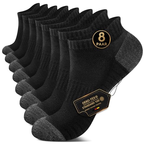 EKSHER 8 Paar Sportsocken Herren 43-46 Cushioned Sneaker Socken Damen Kurze Laufsocken Wandersocken Frotteesohle Baumwolle Halbsocken Atmungsaktive Schwarz