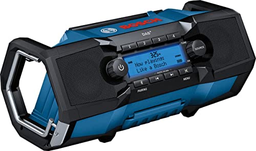 Bosch Professional 18V System Akku Baustellenradio GPB 18V-2 SC (Empfang über DAB+, Bluetooth, FM und AUX, inklusive Netzteil, AUX-Kabel, 3V Lithium-Knopfzellen-Batterie, im Karton)