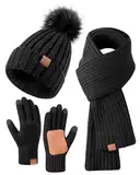 FISFET Mütze, Schal & Handschuh-Sets für Damen, Beanie Mütze Damen Winter mit Bommel Fleece Gefütterte, Touchscreen Handschuhe Schal Wärmer Mütze Damen 3 in 1 Geschenk Set(Schwarz)