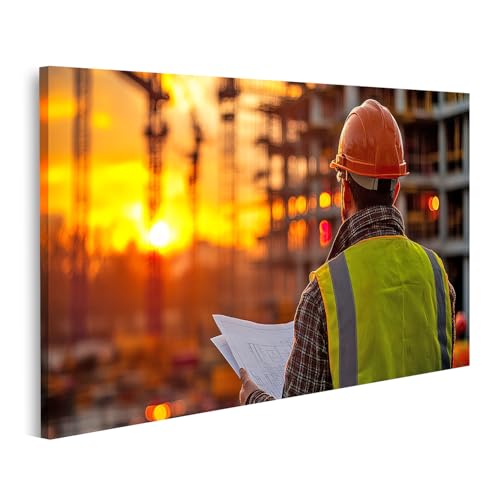 islandburner Prime Bild auf Leinwand Bauarbeiter mit Bauplan bei Sonnenuntergang für Wohnzimmer Bauarbeiter Baustoffhandel Bilder Wandbilder Poster