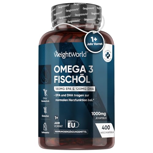 Omega 3-400 Kapseln 1+ Jahr Vorrat-1000mg Fischöl pro Tag - Essentielle Omega 3 Fettsäuren mit EPA & DHA - Für Herz, Gehirn & Blutdruck (EFSA) - Natürliches Fisch Öl aus Sardellen - WeightWorld