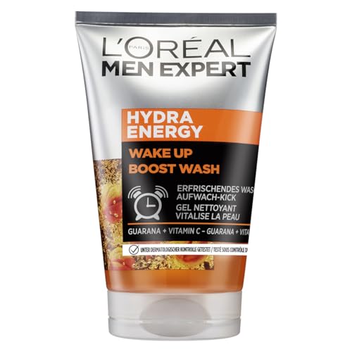 L'Oréal Men Expert Gesichtsreinigung gegen müde Haut für Männer, Erfrischendes Waschgel gegen Unreinheiten, Herren Cleanser für das Gesicht mit Guarana und Vitamin C, Hydra Energy, 1 x 100 ml