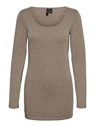 VERO MODA Damen Vmmaxi My Ls Soft Long U-Neck Noos' Langarmshirt, Walnut/Detail:Light Melange, M