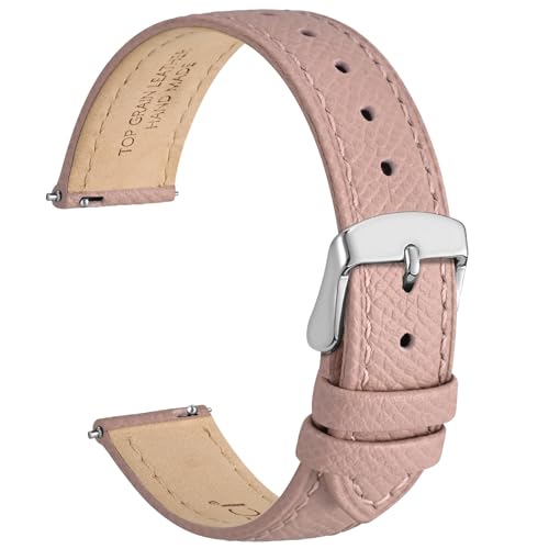 WOCCI 18mm Grace Uhrenarmband für Damen, Top Grain Leder, Schnellverschluss, Silberner Schnalle (Retro Rosa)