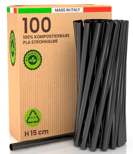 100 ökologische 100% starre Bioplastik Jumbo Strohhalme - 15cm x 8mm biologisch abbaubar kompostierbar wiederverwendbar Made in Italy - Ideal für Getränke Cocktails Events und Partys - Farbe Schwarz