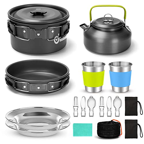 Odoland Camping Geschirr Set 17-teilige Kochset Topfen mit 0.8 L Teekessel Campingbesteck und Becher Leicht Aluminium Campingtopfe Faltbare Kochgeschirr für Outdoor Kochen