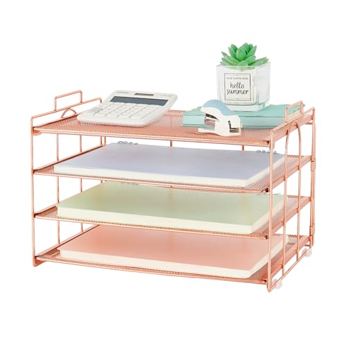 Spacrea Schreibtisch-Organizer und Zubehör – Briefablage mit 4 Ebenen, Papier-Organizer mit Griff, Schreibtisch-Organisation und Büro-Schreibtischzubehör für Bürobedarf (Roségold)