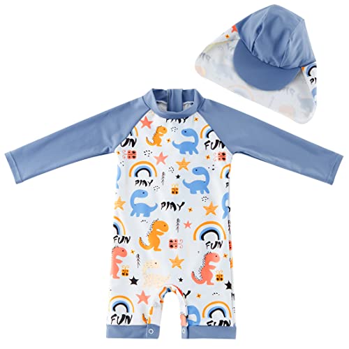 UMELOK Baby Jungen Badeanzug UV Schutz 50+ Einteilige Schwimmanzug Mit Sonnenhut (Grau Dinosaurier, 6-9 Monate/68-74 cm)